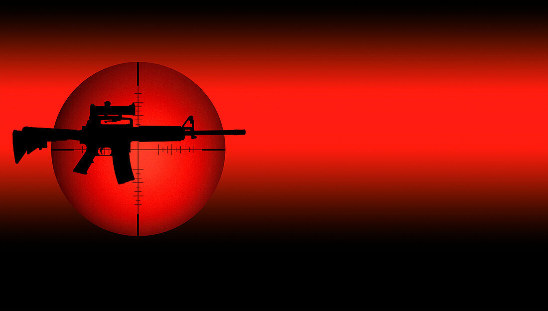 Target crosshair with AR-15 rifle against red and black background
