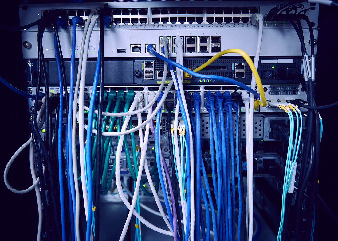 Close-up of computer cables in server room