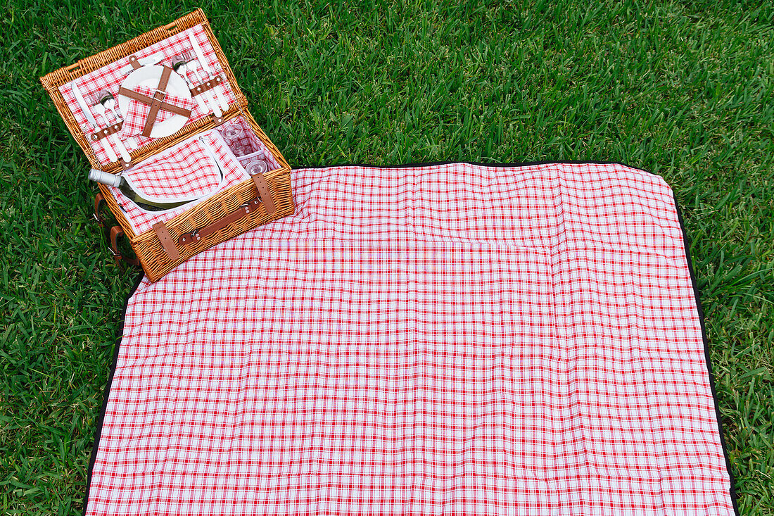 Picknickkorb und Decke auf dem Rasen