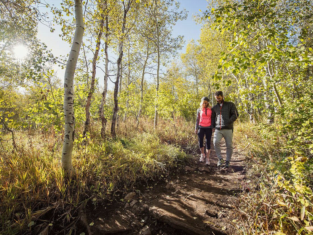 Pärchen beim Spaziergang im Wald