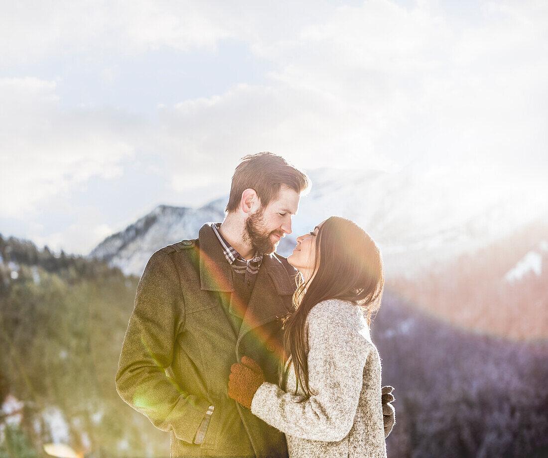 United States, Utah, American Fork, Smiling couple in Winter landscape