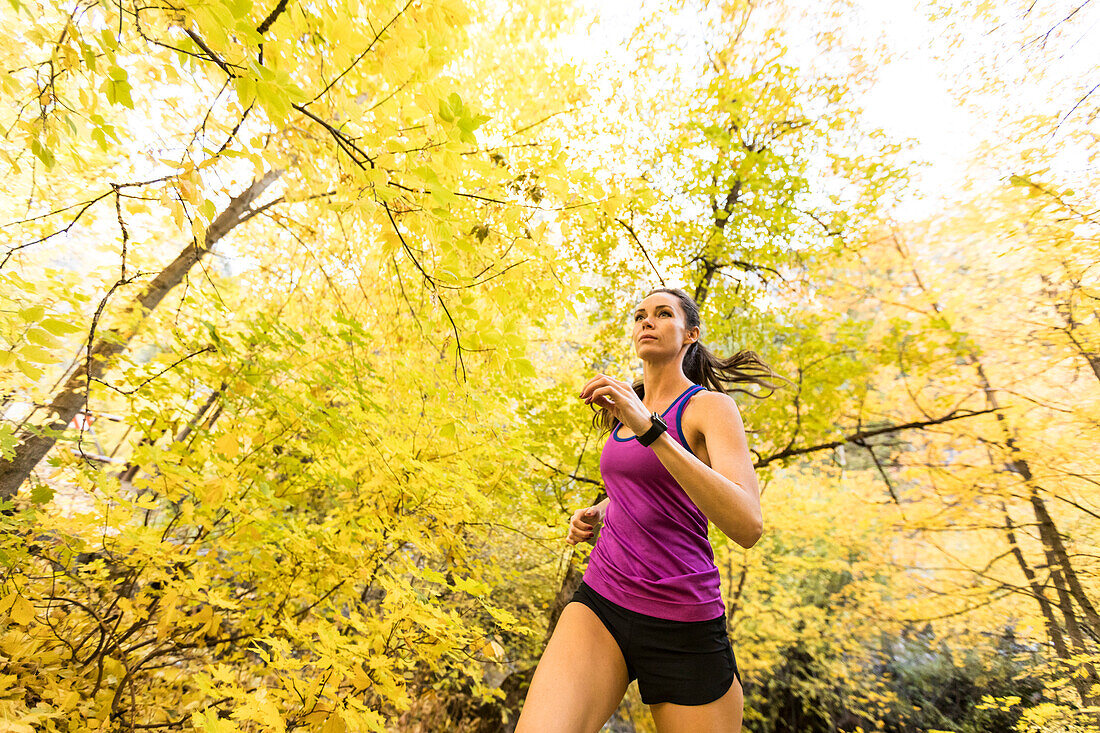 Woman jogging in Autumn forest