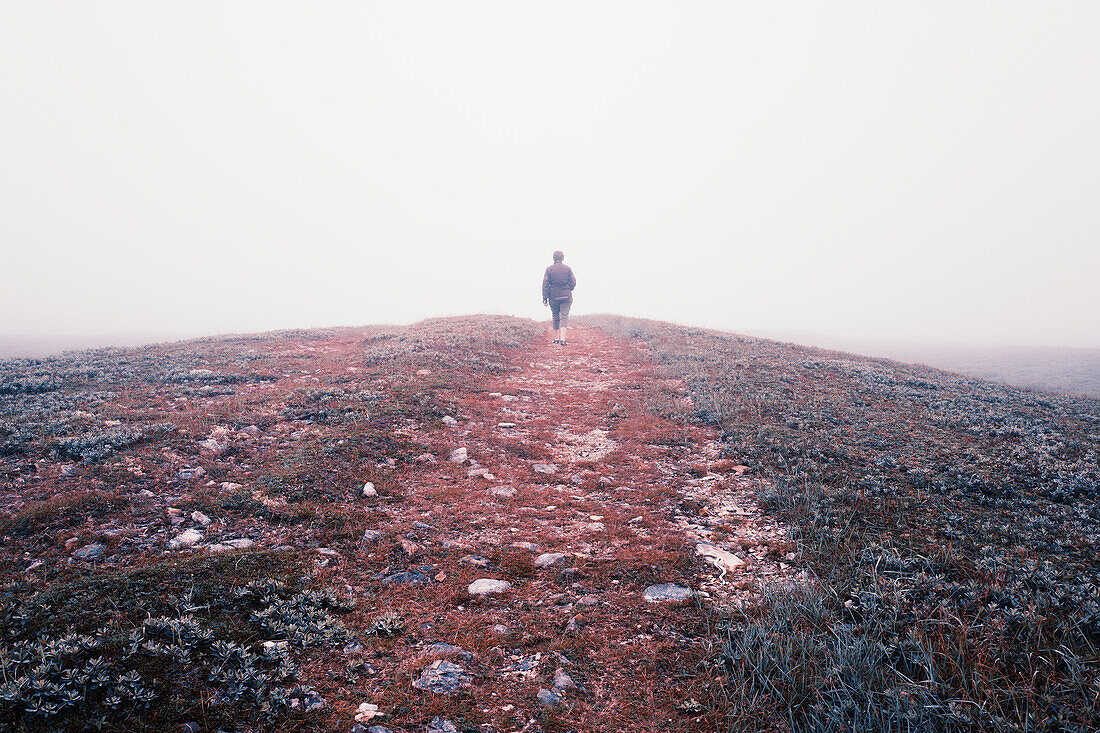 Canada, Labrador, Newfoundland, Woman walking on path into fog