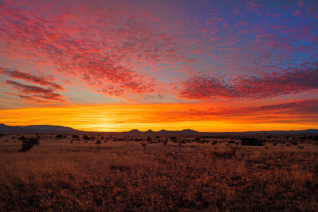 Vereinigte Staaten, New Mexico, Dramatischer orangefarbener Himmel über Cerrillos bei Sonnenuntergang 
