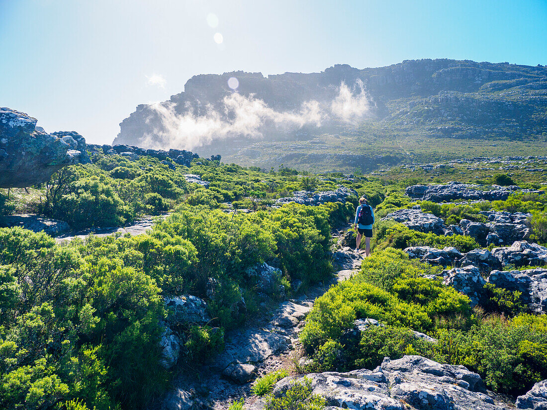 Südafrika, Westkap, Kapstadt, Ältere Frau beim Wandern an einem sonnigen Tag