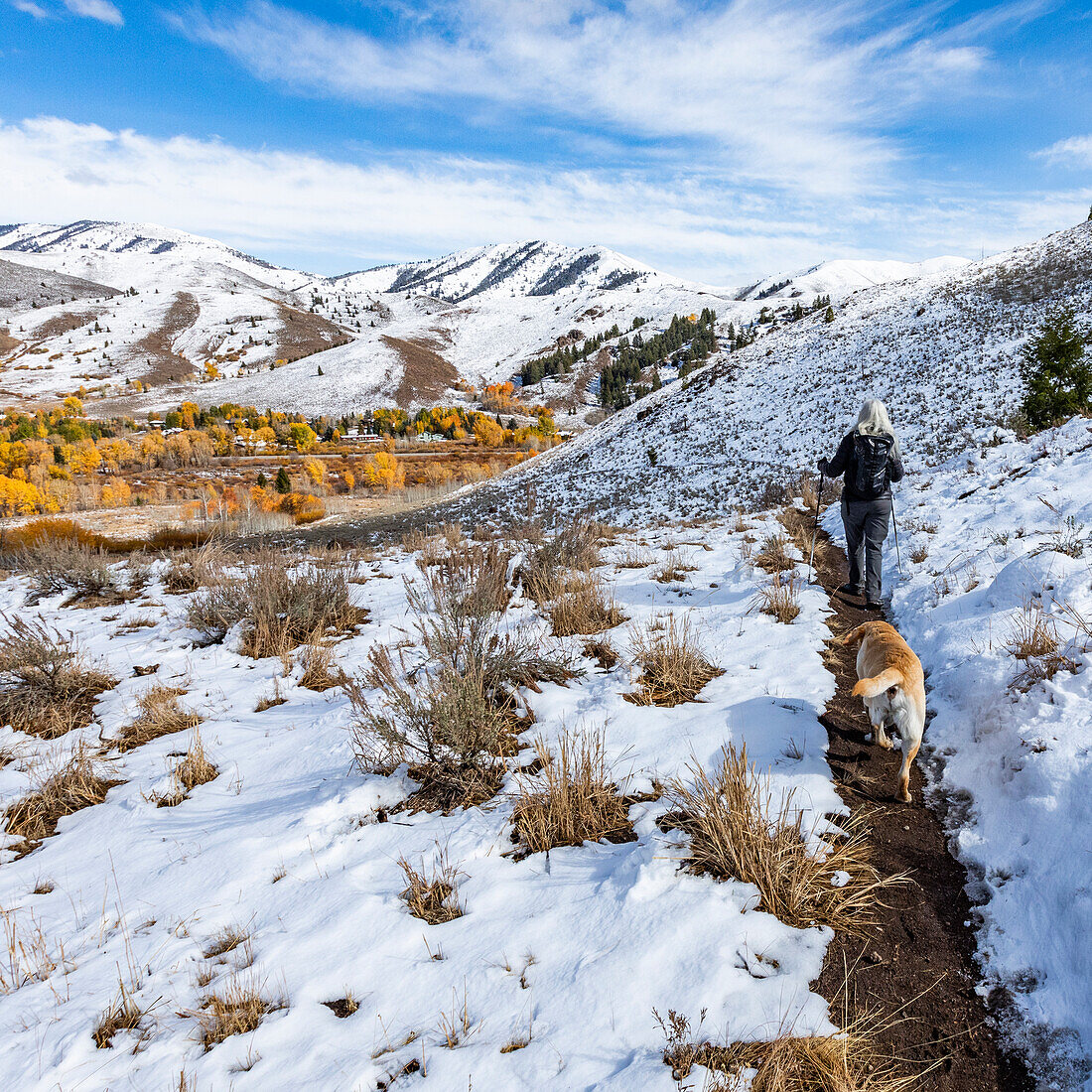 USA, Idaho, Ketchum, Wanderer mit Labrador auf verschneitem Weg in der Nähe von Sun Valley