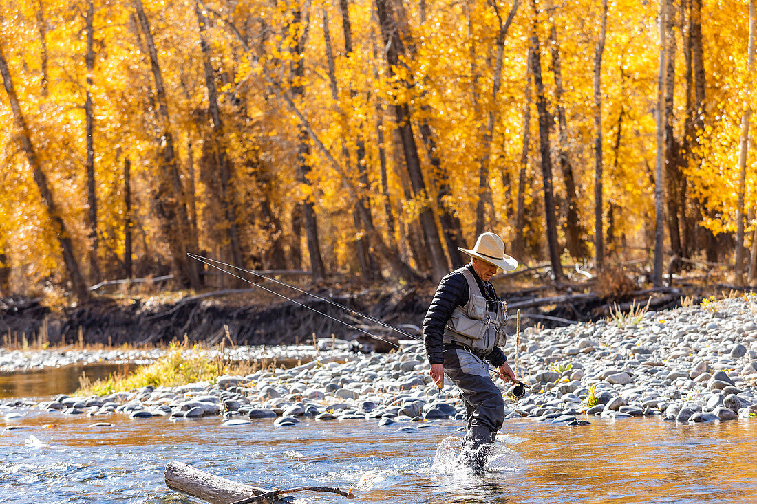USA, Idaho, Bellevue, Älterer Angler watet im Big Wood River im Herbst