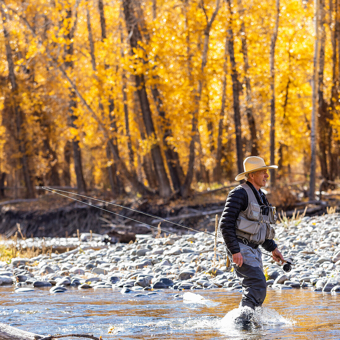 USA, Idaho, Bellevue, Älterer Angler watet im Big Wood River im Herbst