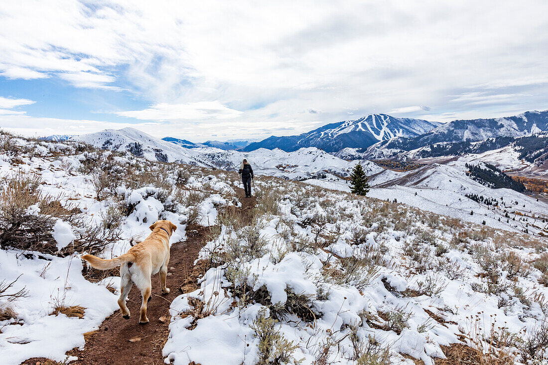 USA, Idaho, Ketchum, Senior woman and Labrador Retriever on footpath in snow covered landscape