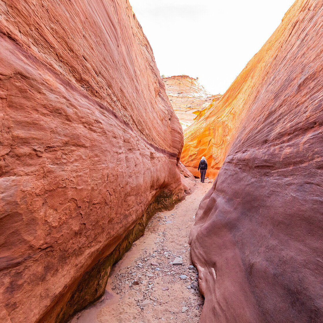 United States, Utah, Escalante, Senior hiker exploring slot canyon