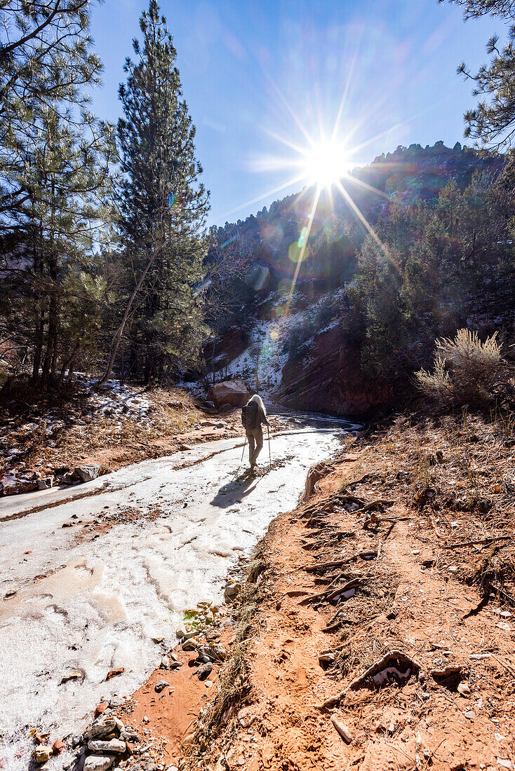 Vereinigte Staaten, Utah, Zion National Park, Ältere blonde Frau beim Wandern