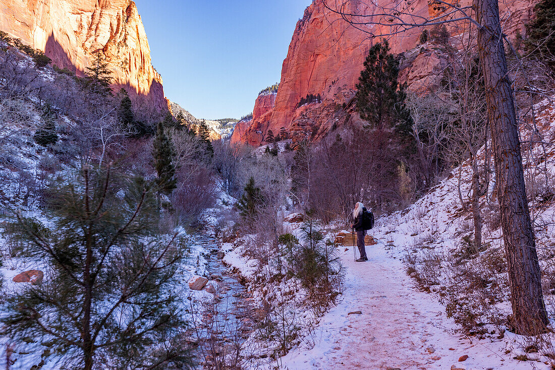 Vereinigte Staaten, Utah, Zion National Park, Ältere blonde Frau wandert