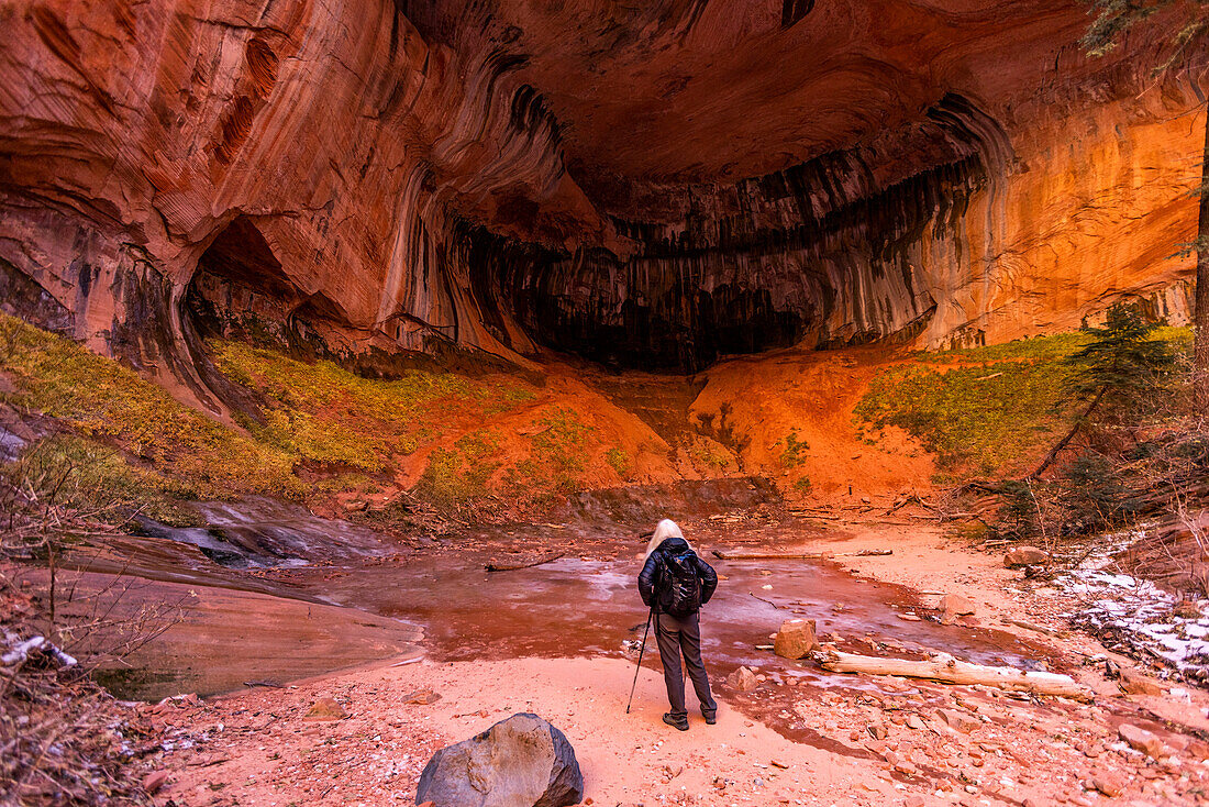 United States, Utah, Zion National Park, Senior blonde woman hiking