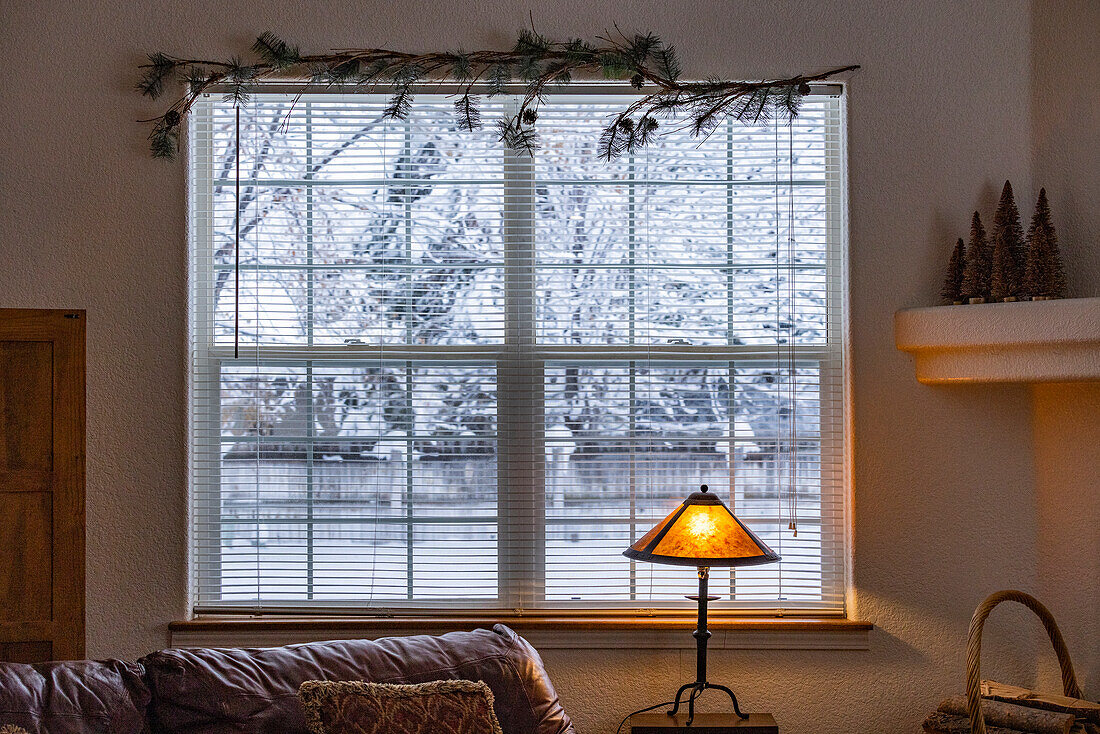 View from living room to snowy outdoors