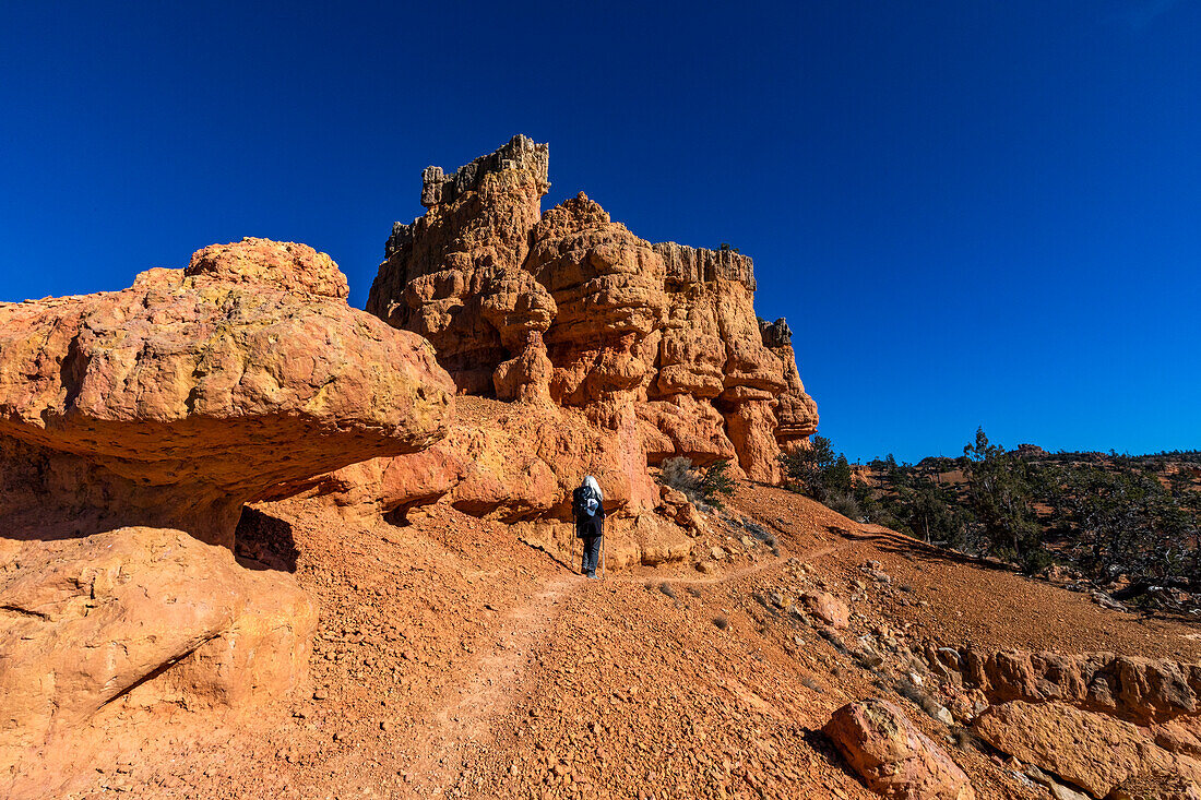 United States, Utah, Escalante, Senior hiker walking in rocky landscape