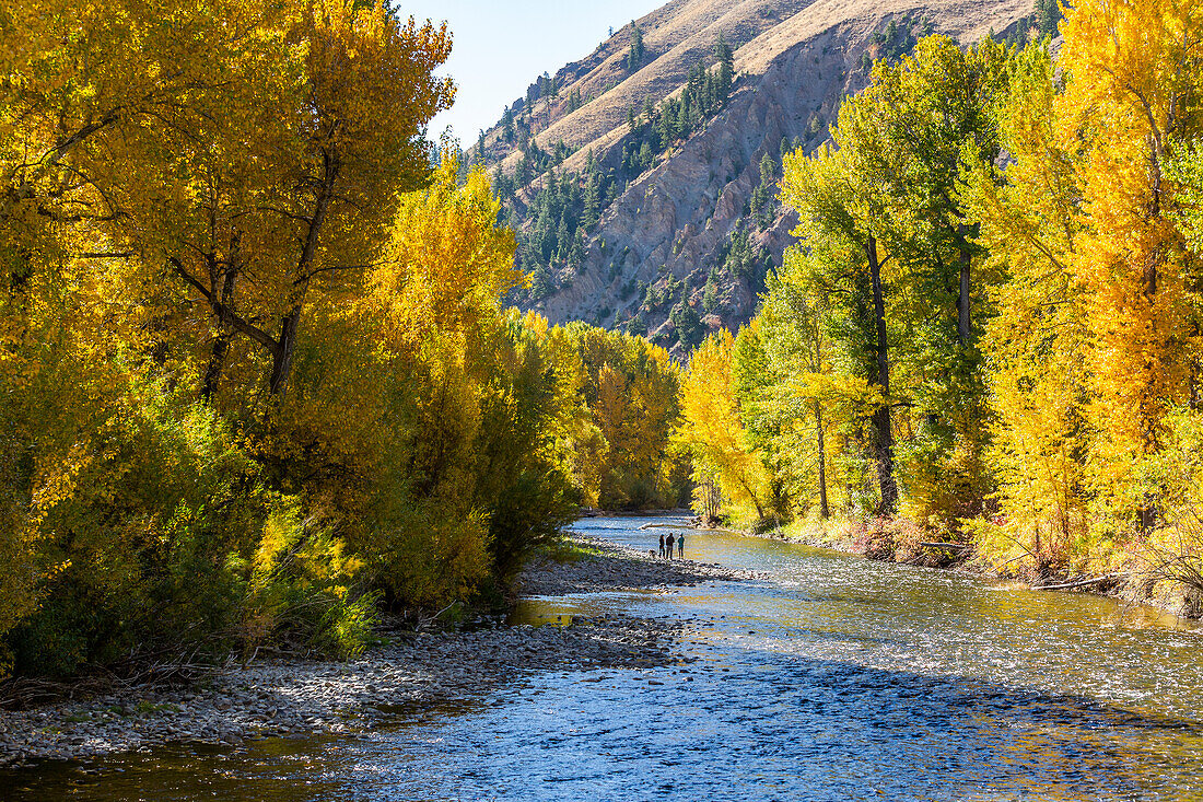 USA, Idaho, Hailey, Familie bewundert Herbstherbst am Fluss