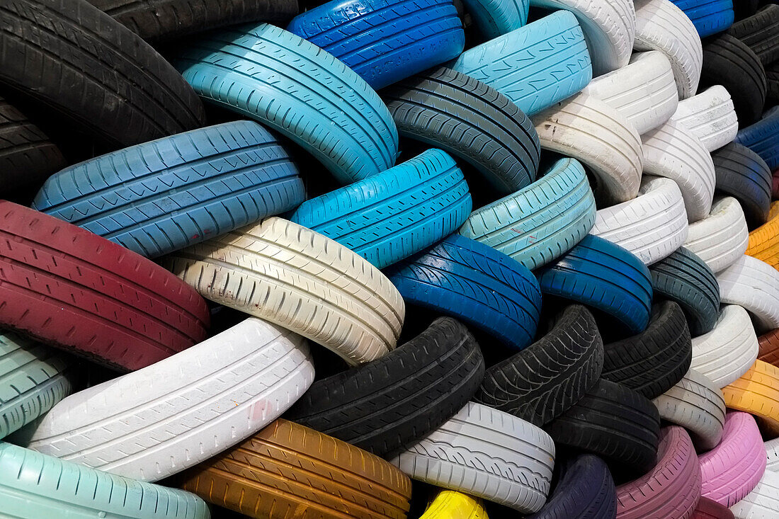 Wall of colorful recycled tires