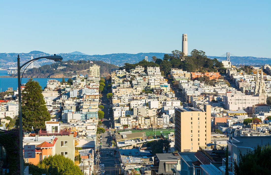 San Francisco, Kalifornien, die Hügel der Stadt und der Coit Tower im Sonnenschein mit Straßen und Brücken im Hintergrund von der Lombard Street aus