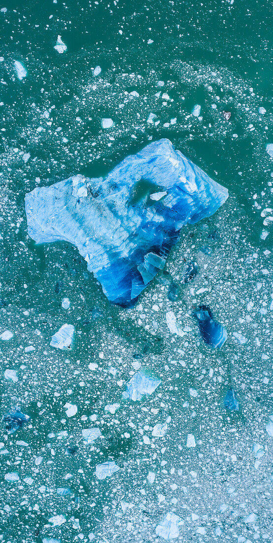 USA, Alaska, Aerial view of shattered icebergs floating near calving face of LeConte Glacier east of Petersburg