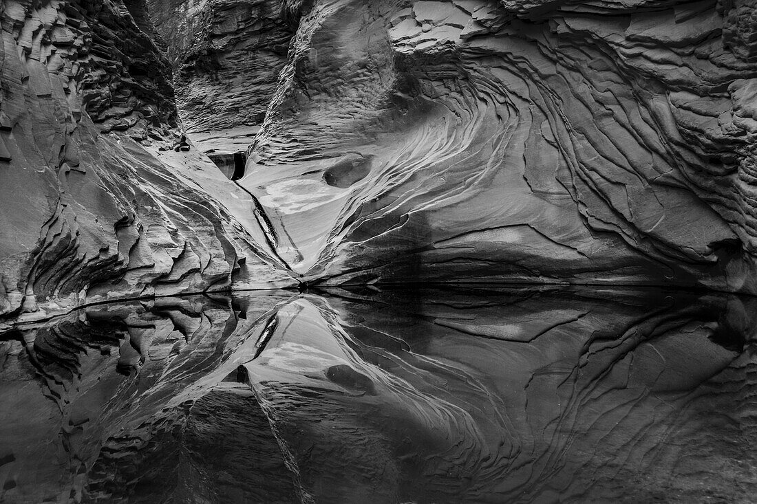 Abstrakte Schwarz-Weiß-Reflexion im North Canyon, Grand Canyon National Park, Arizona, USA.