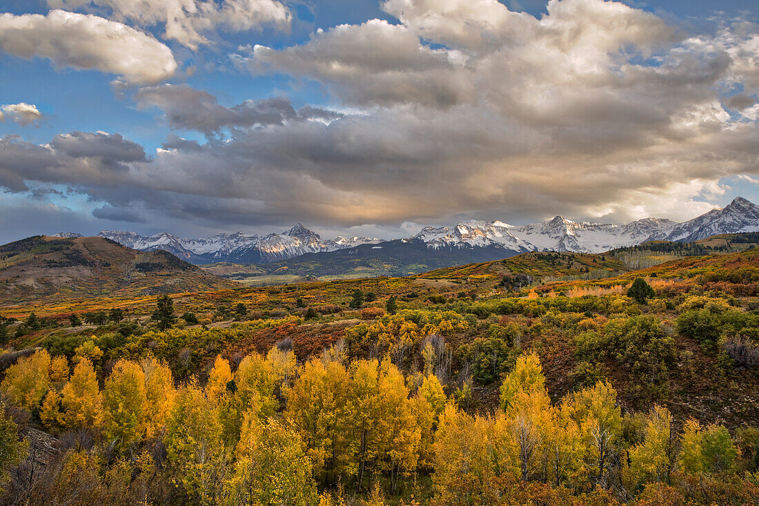 Mt. Sneffels and Sneffels Range at sunset in autumn, Uncompahgre National Forest, Colorado