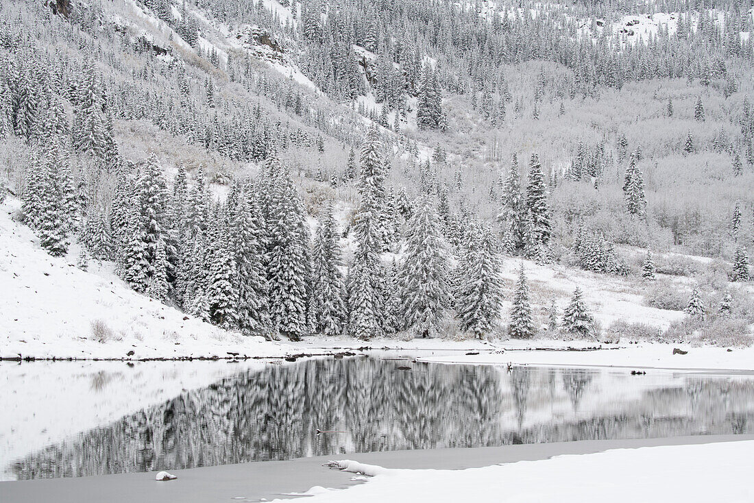 USA, Colorado, Maroon Bells State Park. Autumn snowfall on mountain and Maroon Lake