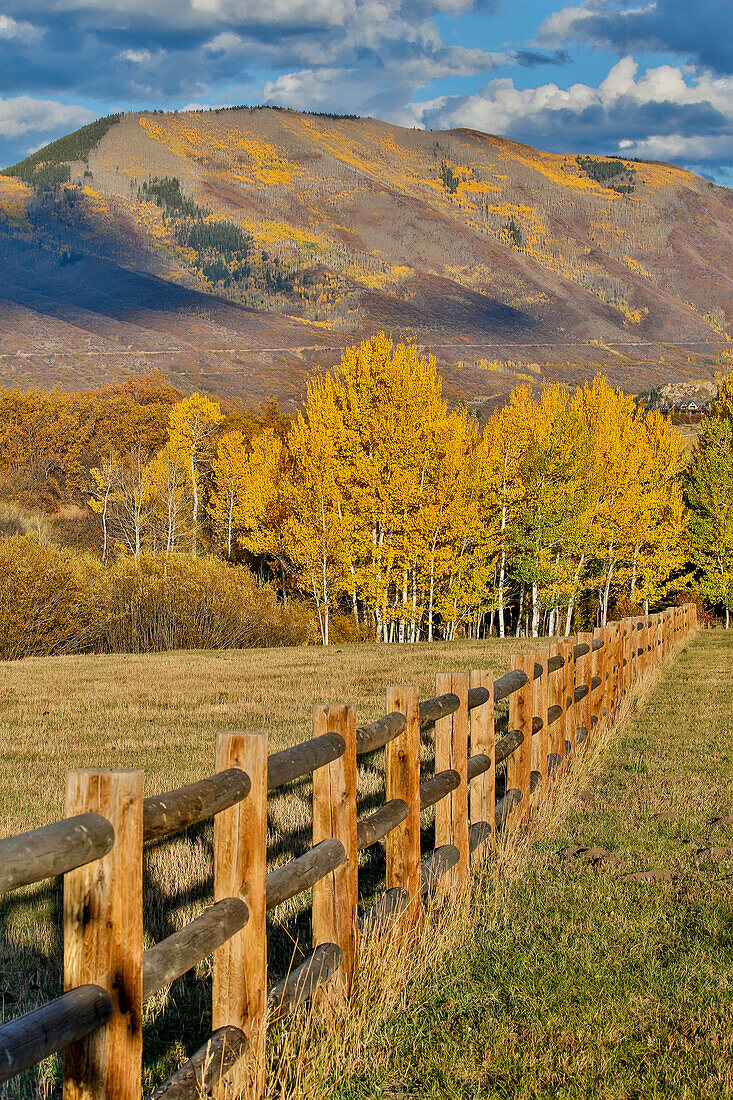 Mountains around Township of Aspen fall along Owl Creek Road with wooden fence autumn.
