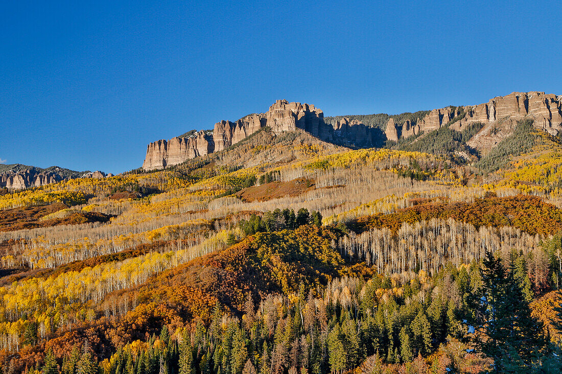 Colorado, Herbst, etwas östlich von Ridgway mit Blick auf die Berge des Rio Grande National Forest