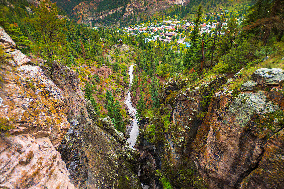 Box Canyon and the town of Ouray, Colorado, USA