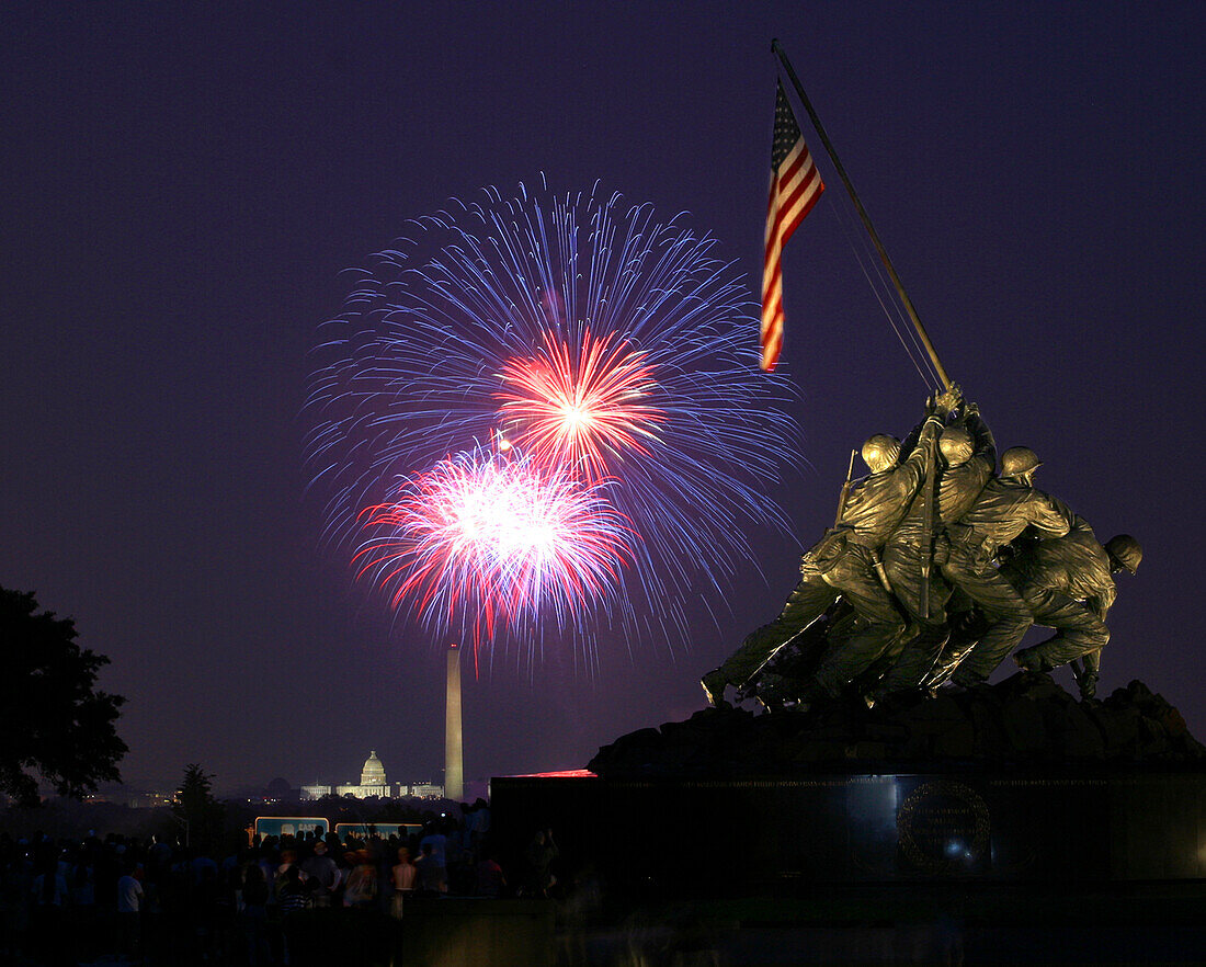 USA, District of Columbia, Washington DC, July 4 Fireworks Behind the Iwo Jima Memorial
