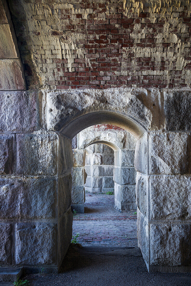 USA, Maine, Popham Beach, Fort Popham, historic fort, interior