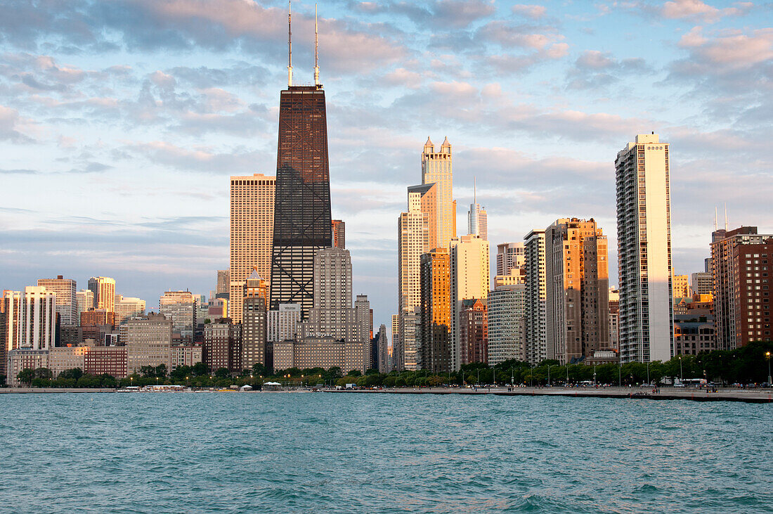 Chicago skyline from North Avenue Beach at dusk