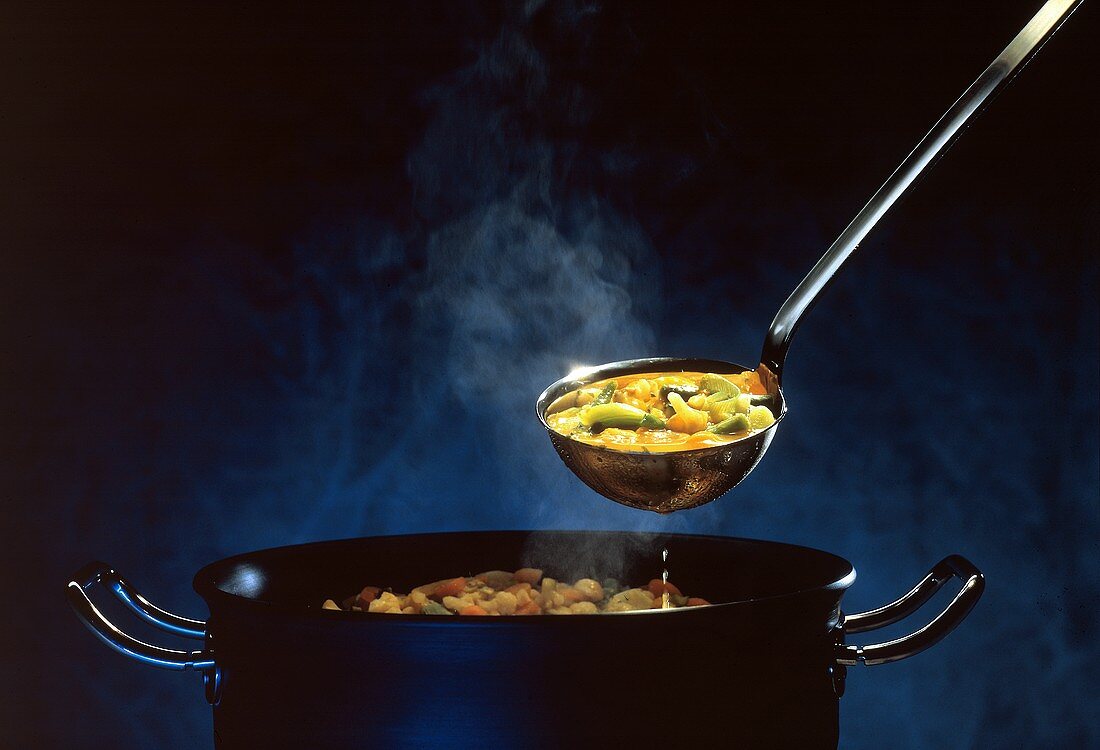 Suppenkelle mit dampfender Gemüsesuppe über Kochtopf
