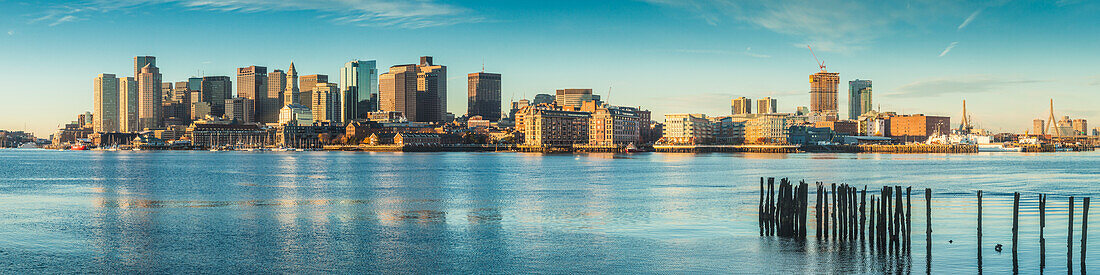 USA, New England, Massachusetts, Boston, city skyline from Boston Harbor, dawn