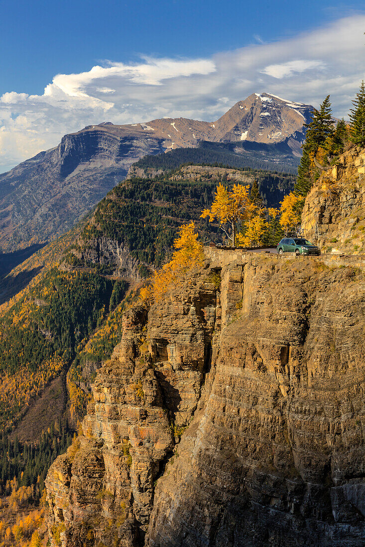 Cliffs along Going to the Sun Road in autumn in Glacier National Park, Montana, USA