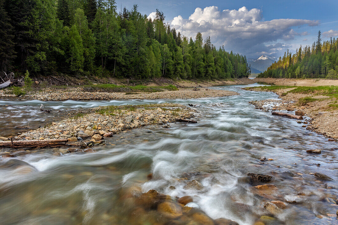 Doris Creek runs into Hungry Horse Reservoir with Flathead Range in background in the Flathead National Forest, Montana, USA (Large format sizes available)