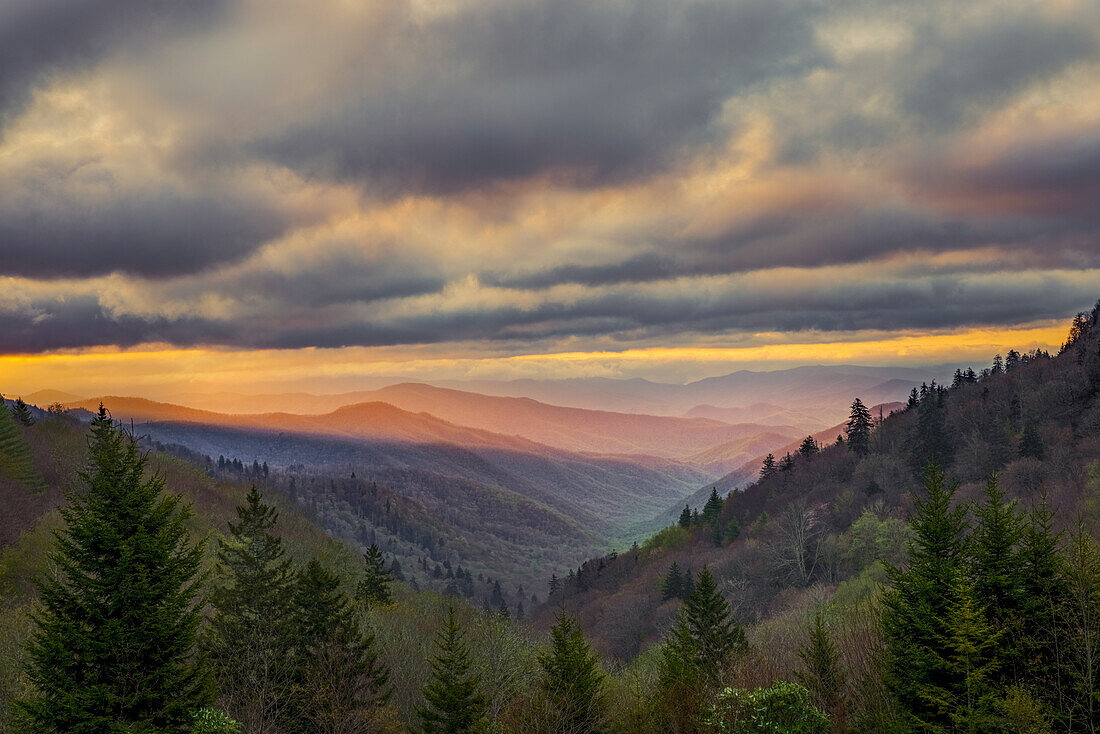 Sunrise view of Oconaluftee Valley, Great Smoky Mountains National Park, North Carolina