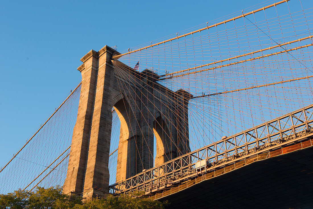 The south tower of the iconic Brooklyn Bridge, New York City, New York