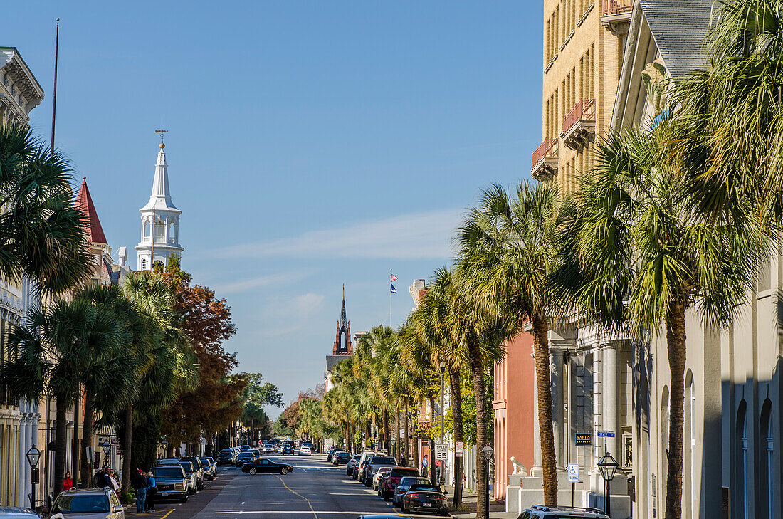 St. Michael's Episcopal Church spire and Broad Street from the window of the Old Exchange and Provost Dungeon Museum, Charleston, South Carolina.