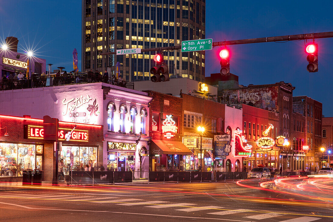 Music clubs along lower Broadway in downtown Nashville, Tennessee, USA