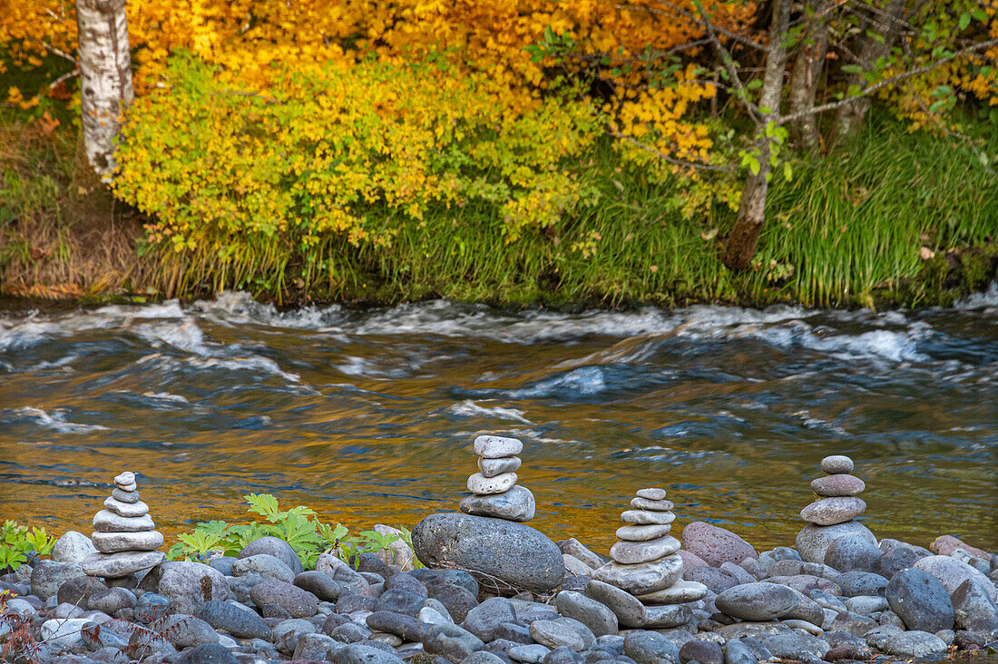 Gestapelte Steine am herbstlich gefärbten Weinahornband des McKenzie National Wild and Scenic River, Cascade Range, Oregon.