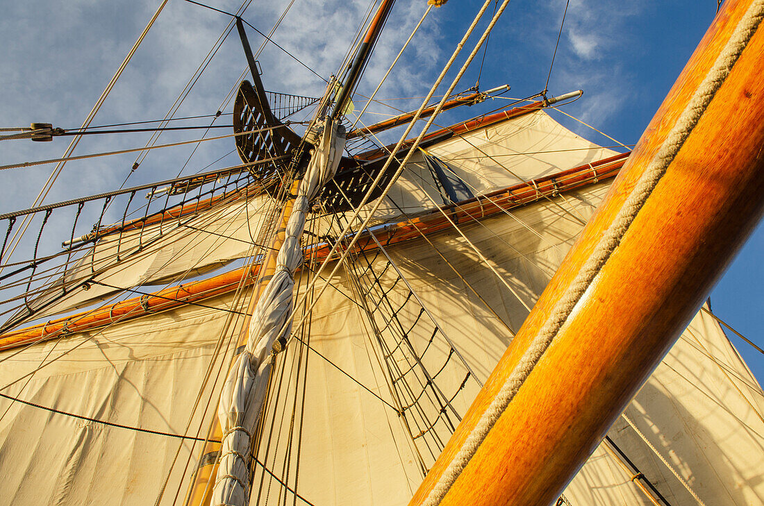 Mast rigging and sails of Hawaiian Chieftain, a Square Topsail Ketch. Owned and operated by the Grays Harbor Historical Seaport, Aberdeen, Washington State