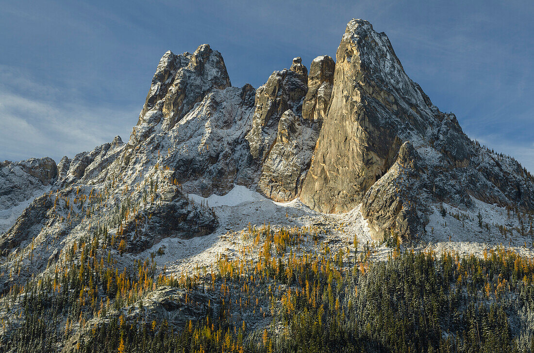 Liberty Bell Mountain and Early Winters Spires seen from Washington State Pass Overlook. North Cascades, Washington State