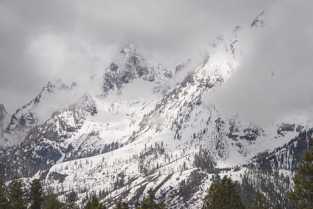 USA, Wyoming, Grand Teton National Park. Clouds over mountains during spring snowstorm.