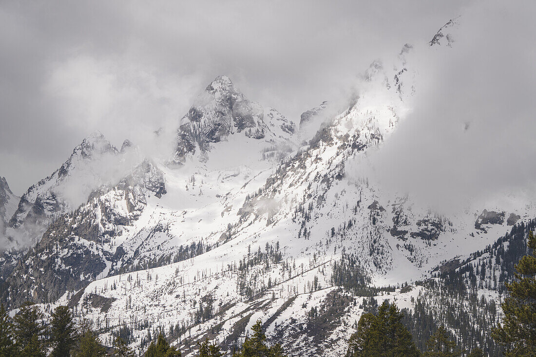 USA, Wyoming, Grand-Teton-Nationalpark. Wolken über den Bergen während eines Schneesturms im Frühling.