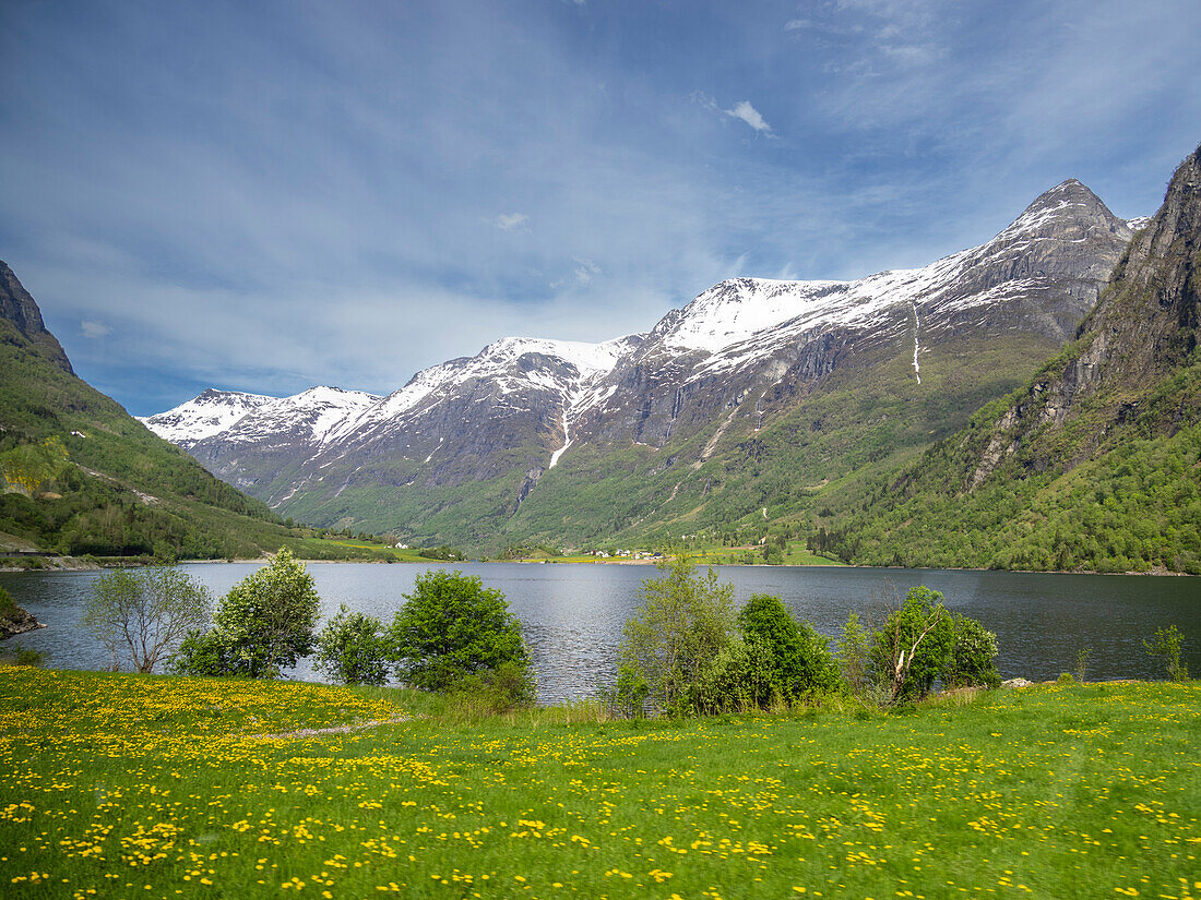 Blick auf die Häuser am Ufer des Oldevatnet-Sees im Oldedalen-Tal, Vestland, Norwegen, Skandinavien, Europa