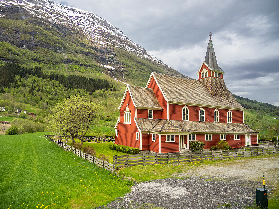 A view of the Olden Church (Olden Kyrkje), within the Oldedalen River Valley, Vestland, Norway, Scandinavia, Europe