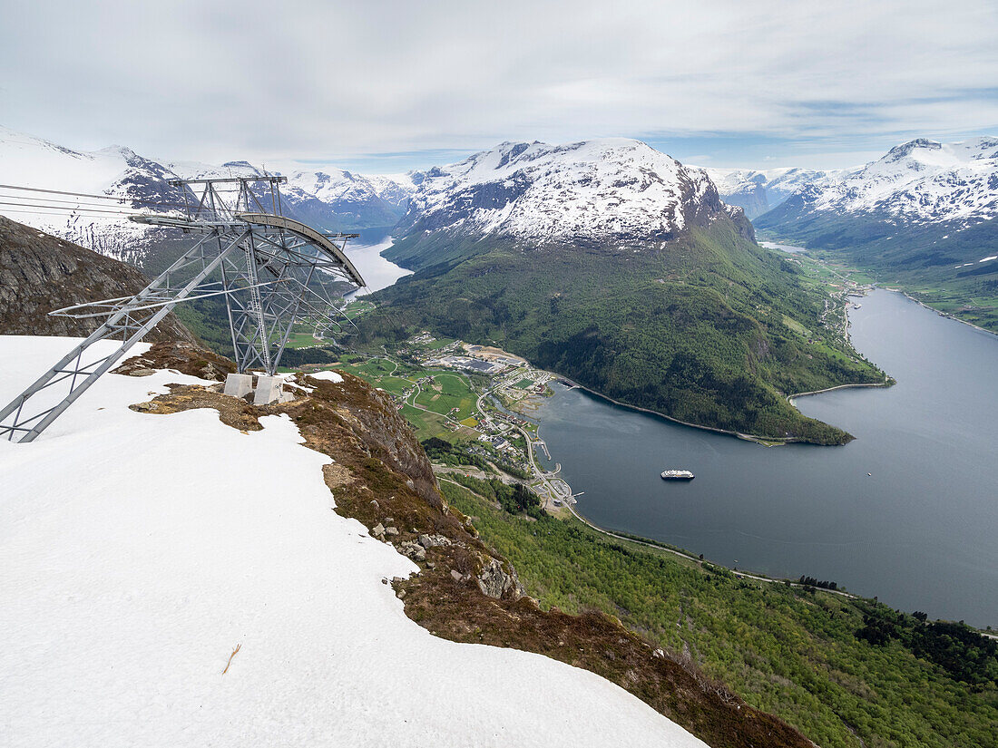 A view of the town of Loen from the aerial tramway Loen Skylift from Mount Hoven above Nordfjord in Stryn, Vestland, Norway, Scandinavia, Europe