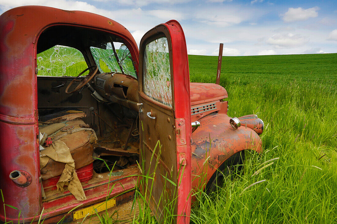 USA, Washington State, Old Colorful Field Truck in field
