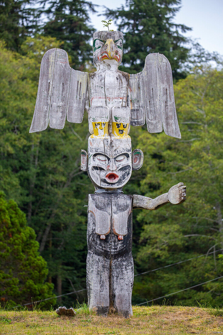 Kwakwaka'wakw totem poles in the cemetery in Alert Bay, Cormorant Island, British Columba, Canada, North America